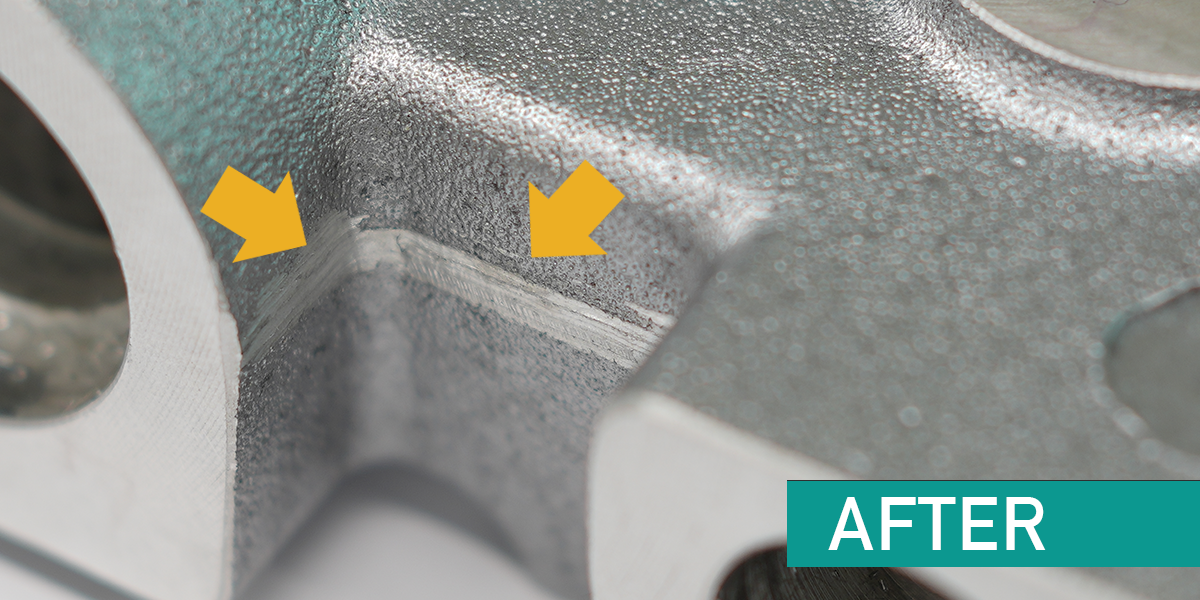 The results after a die cast metal workpiece is deburred using the Barriquan RDM-S robotic deburring machine from Sugino
